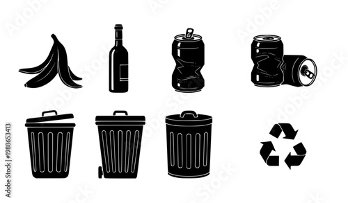 Recycling and food waste icon pack with bins bottles and eco symbols vector illustration