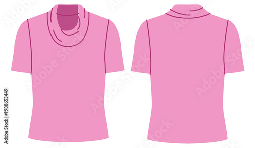Pink short sleeve cowl neck top with soft draped neckline and oversized silhouette, smooth shaping and flowing upper detail. Technical fashion illustration in flat color, front and back views. Vector