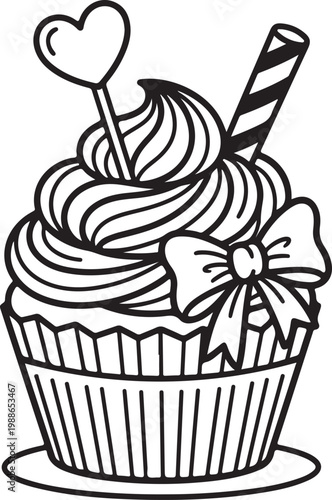 Simple line art illustration of a cupcake with frosting bow and heart topper isolated on transparent background