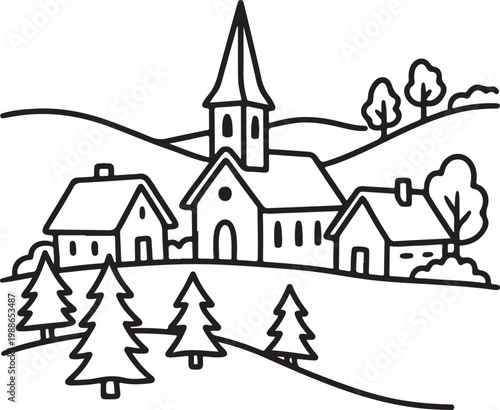 Simple line drawing of a village scene with rolling hills and trees