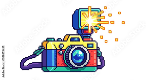 Retro Pixel Art Camera with Flashing Light.