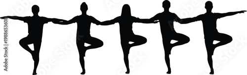 Five silhouettes performing yoga tree pose in a balanced sequence.