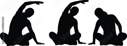 Three yoga poses demonstrating flexibility and balance in a simple silhouette style.