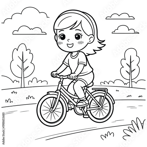 A young girl cheerfully rides her bicycle through a park setting presented as a silhouette