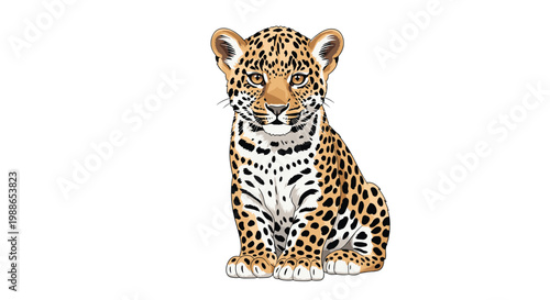 Young jaguar cub with beautiful spotted fur sits patiently and stares forward in this detailed wildlife illustration.