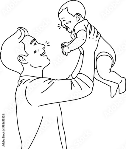 Loving father lifts his happy infant baby high up in the air with affection showing a beautiful moment of connection between a parent and child