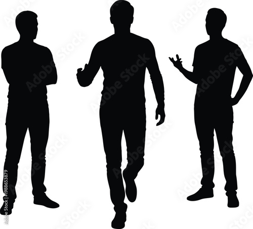 Three silhouettes in different conversational poses standing side by side