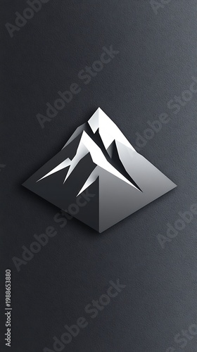 A 3D silver mountain logo on a dark gray textured background with a subtle shadow effect