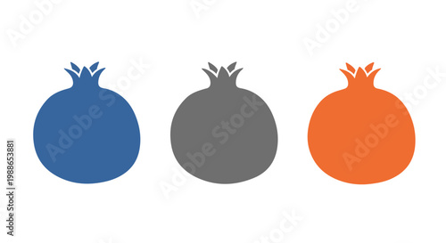 Three minimalist pomegranate fruit silhouettes in blue, gray, and orange colors isolated on white background.