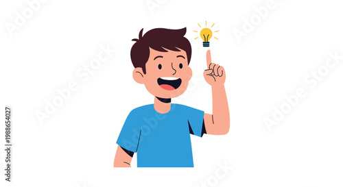 Excited young boy with a bright yellow light bulb glowing above his finger has just come up with a brilliant new idea.