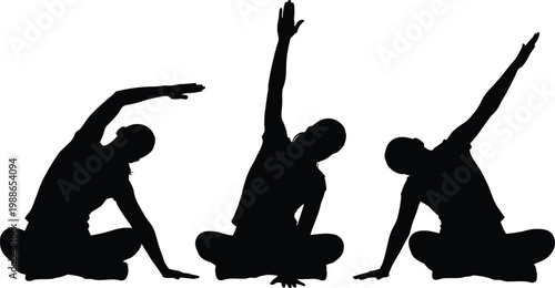 Three yoga poses depicted in silhouette style for flexibility and relaxation exercises