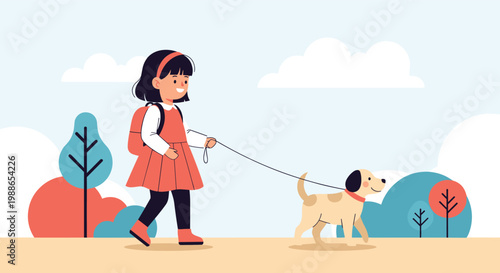 Young girl with a pink backpack enjoys a pleasant walk while leading her small pet dog on a leash through the park.