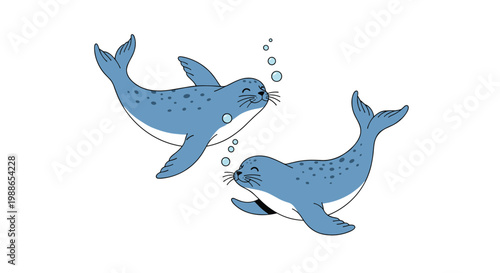 Pair of friendly spotted seals are shown swimming gracefully through the water with small bubbles rising around them.