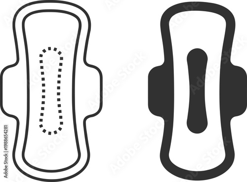 Menstrual sanitary pad icons set in outline and solid style, representing women hygiene products, period care, feminine health, and monthly cycle protection accessories.