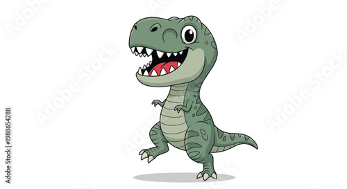 Cute cartoon Tyrannosaurus Rex is shown walking happily with a big friendly smile on its face and small sharp teeth.