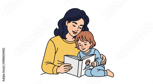 A mother and child sitting together reading a book in a cozy and intimate setting