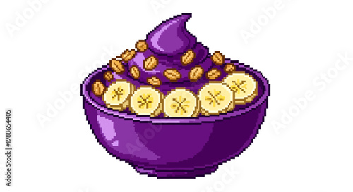 Pixel Art A?a? Bowl with Banana and Granola Toppings.