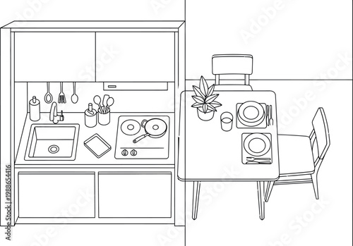 Minimalist line art drawing showing a modern kitchen layout and dining area arrangement from a top down perspective for interior design or home architecture projects