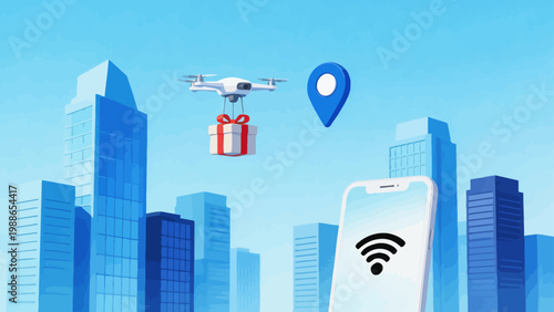 Drone delivering gift in city skyline