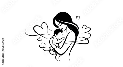 A minimalist line art illustration of a mother holding her baby surrounded by hearts