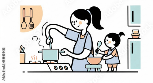 A mother and daughter cooking together in a modern kitchen with a vector graphic illustration