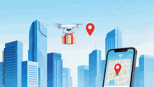 Drone delivering gift in city