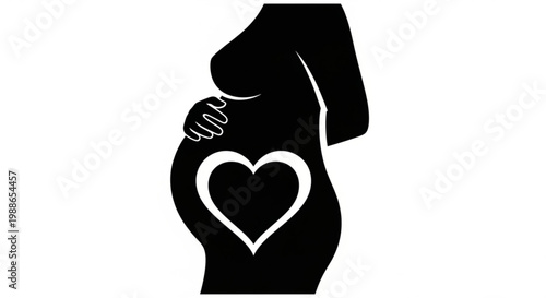 A minimalist vector graphic illustration of a pregnant woman's silhouette with a heart on her belly