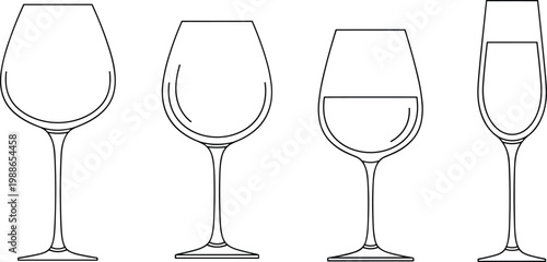 Wine glass silhouette icons, drinkware illustration, beverage vessel vector, champagne flute design, red wine goblet graphic art