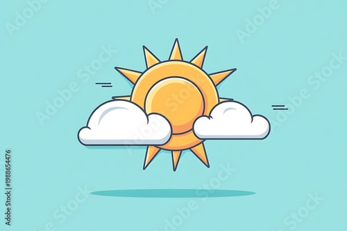 A cartoon illustration of a smiling sun peeking out from behind two white clouds on a light blue background with motion lines suggesting movement