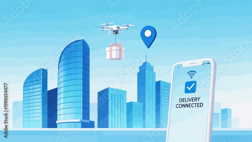 Drone delivery in cityscape