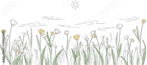 Beautiful minimalist line art drawing featuring a vibrant meadow filled with blooming pink and yellow flowers under a simple sunny sky during a peaceful spring day