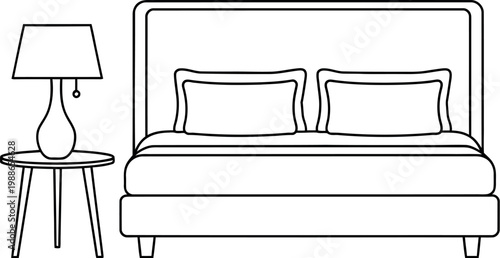 Simple black and white line drawing of a comfortable bed frame with plush pillows and a modern bedside table lamp on a white background image
