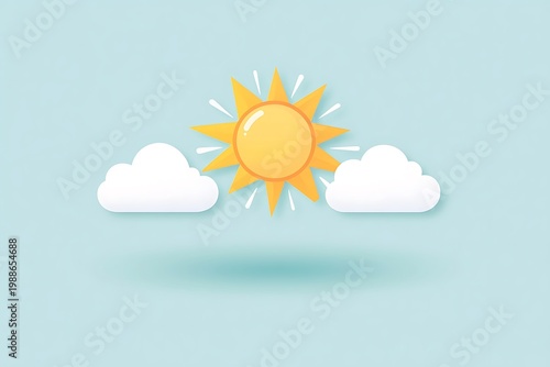 A cartoon illustration of a bright yellow sun shining between two white puffy clouds on a light blue background with a subtle shadow effect
