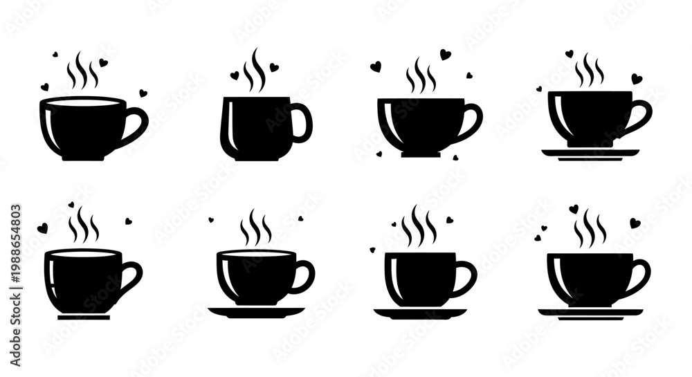 Obraz premium Heart steam coffee cup icons set featuring black mugs with small hearts for romantic breakfast concepts or valentines day cafe decorations and love themed drinks