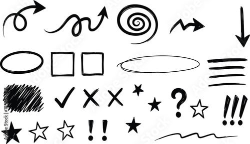 Collection of hand drawn scribbles arrows shapes and symbols on white background