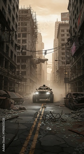 Armored vehicle drives through desolate, ruined cityscape under hazy sky