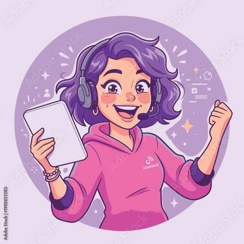 Customer Support Agent with Tablet and Headset in Circular Purple Scene