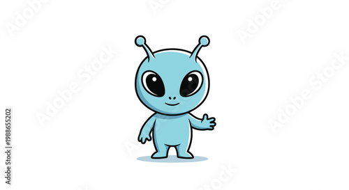 Friendly little blue alien with large black eyes and antennae waves cheerfully from outer space in this cute illustration.