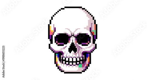 Pixelated Skull with Glitchy Rainbow Effects.