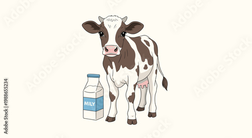 Healthy young cow stands next to a bottle of fresh milk illustrating the source of nutritious dairy products on a farm.
