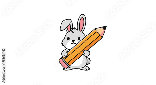 Creative little bunny rabbit holds a giant yellow pencil ready to draw and write in this cute school-themed illustration.