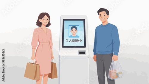 Man and woman using selfservice kiosk
