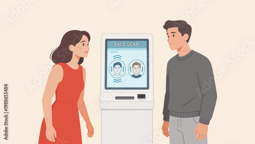 Two people using a face scan machine