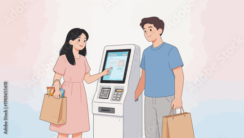 Man and woman using selfservice machine