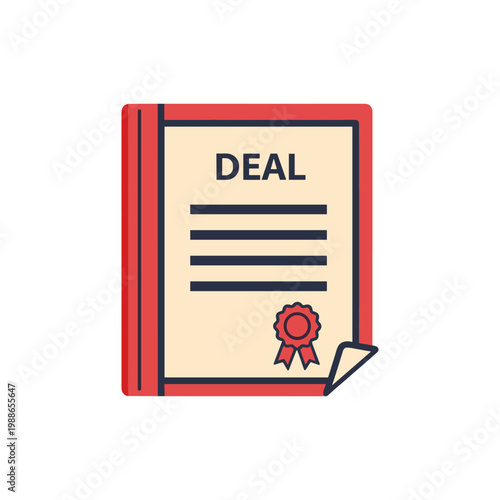 Red document with bold deal text and stamp illustration signature line official business concept