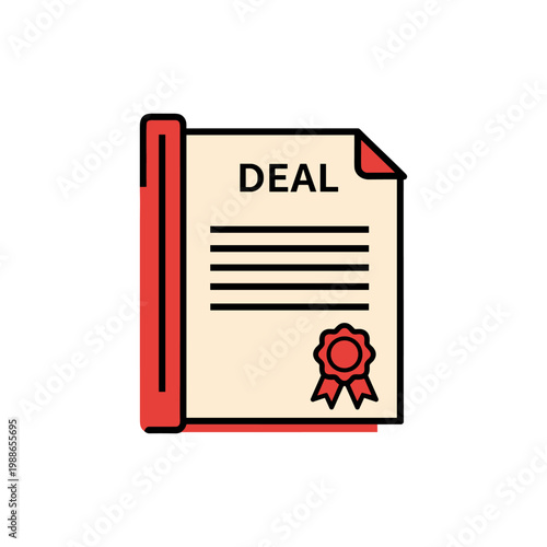 Formal stylized document with bold red text labeling deal on beige paper with red ribbon and wax seal icon vector illustration