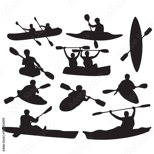 Black Kayaking Paddlers Silhouettes Vector Collection on White Background