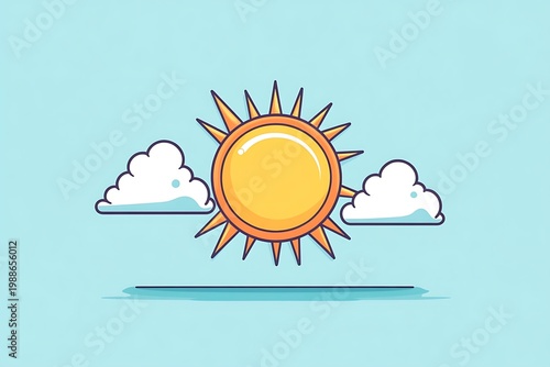 A cartoon sun with two white clouds on a light blue background with a simple and cheerful design