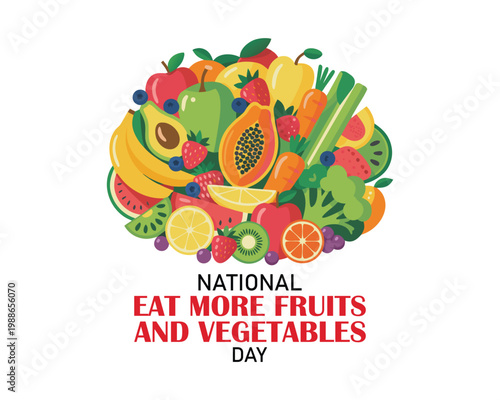 National Eat More Fruits and Vegetables Day poster vector illustration. Pile of healthy fresh fruits and vegetables drawing. Template for background, banner, card. May 21