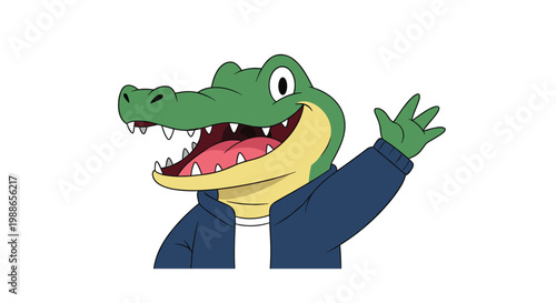 Cool cartoon crocodile wearing a stylish blue jacket waves a friendly greeting with a wide toothy smile.